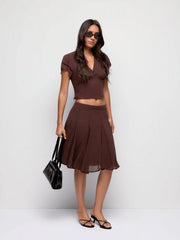 Chiffon V-neck Ruffled Sleeve Top & Low Rise A-line Midi Skirt Set