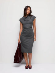 Striped Cowl Neck Belted Ruched Straight Midi Dress