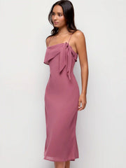 Chiffon Asymmetrical Neck Twist Knotted A-line Midi Dress