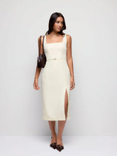 Square Neck Metal Detail Split Straight Midi Dress With Belt