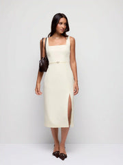 Square Neck Metal Detail Split Straight Midi Dress With Belt