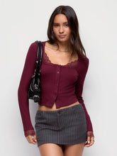 Ribbed Scoop Neck Lace Trim Long Sleeve Top