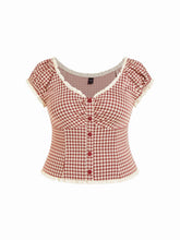 Jacquard Gingham Sweetheart Raglan Sleeve Ruched Top Curve & Plus