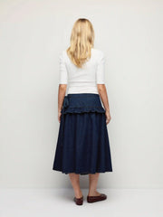 Denim Mid Rise Asymmetrical Ruched Ruffle Bowknot Flared Midi Skirt