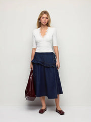 Denim Mid Rise Asymmetrical Ruched Ruffle Bowknot Flared Midi Skirt
