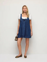 Denim Bowknot A-line Oversized Mini Pinafore
