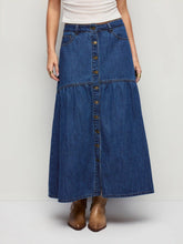 Denim Mid Rise Metal Detail Flared Maxi Skirt