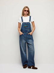 Denim Low Rise Embroidery Graphic Oversized Barrel-leg Overalls
