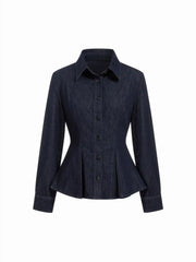 Denim Washed Peplum Hem Long Sleeve Blouse