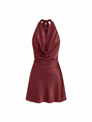 Sage Satin Halter Neck Ruched Mini Dress