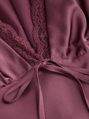 Satin V-neck Ruffle Sleeve Lace Trim Tie Front A-line Midi Dress