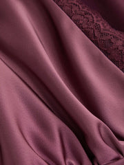 Satin V-neck Ruffle Sleeve Lace Trim Tie Front A-line Midi Dress