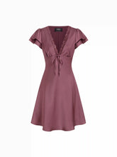 Satin V-neck Ruffle Sleeve Lace Trim Tie Front A-line Midi Dress
