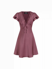 Satin V-neck Ruffle Sleeve Lace Trim Tie Front A-line Midi Dress
