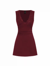 Cotton-blend V-neck Lace Trim A-line Mini Dress