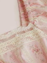 Cotton Floral Puff Sleeve Lace Trim Bowknot Flared Maxi Dress Curve & Plus