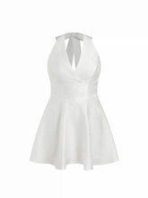 Jacquard Sculptural Halter V-neck Lace Up Backless Ruffle Mini Dress Curve & Plus