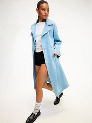 Denim Washed Notched Collar Double Breasted Longline Oversized Jacket With Belt