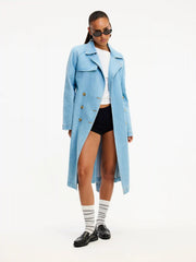 Denim Washed Notched Collar Double Breasted Longline Oversized Jacket With Belt