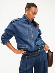Denim Stand Collar Washed Drawstring Metal Detail Oversized Jacket