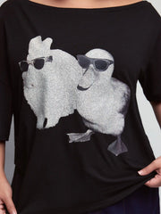 Asymmetrical Neck Rabbit & Duck Graphic Tee Curve & Plus