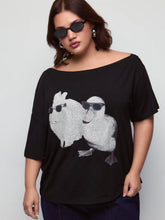 Asymmetrical Neck Rabbit & Duck Graphic Tee Curve & Plus