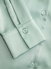 Satin Collar Long Sleeve Curved Hem Cinched Waist Shirt