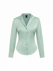 Satin Collar Long Sleeve Curved Hem Cinched Waist Shirt