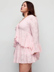 Lace V-neck Pointelle Bell Sleeve Crop Top With Ruched Mini Skirt Set Curve & Plus