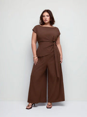 Boat Neck Ruched Metal Detail Wide Leg Jumpsuit Curve & Plus
