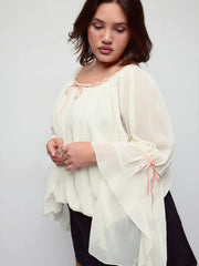 Textured Chiffon Scoop Neck Ruffle Sleeve Ruched Bowknot Blouse Curve & Plus