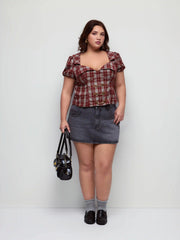 Plaid Sweetheart Neck Puff Sleeve Metal Detail Blouse Curve & Plus