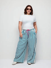 Mid Rise Knottd Stripe Elastic Waist Wide Leg Trousers Curve & Plus