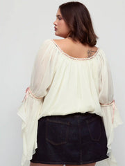 Textured Chiffon Scoop Neck Ruffle Sleeve Ruched Bowknot Blouse Curve & Plus