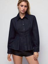 Denim Washed Peplum Hem Long Sleeve Blouse