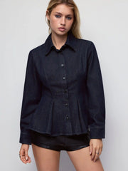 Denim Washed Peplum Hem Long Sleeve Blouse