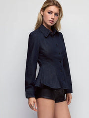 Denim Washed Peplum Hem Long Sleeve Blouse