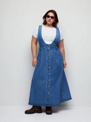Denim Pinafore Metal Detail Maxi Dress Curve & Plus