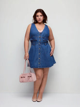 Cider Denim V-Neck Metal Detail Oversized A-line Mini Dress Curve & Plus