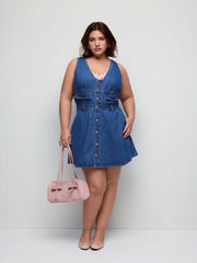 Cider Denim V-Neck Metal Detail Oversized A-line Mini Dress Curve & Plus