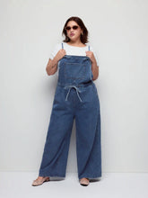 Denim Washed Square Neck Bowknot Belted Wide Leg Jumpsuit Curve & Plus