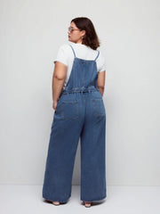 Denim Washed Square Neck Bowknot Belted Wide Leg Jumpsuit Curve & Plus