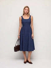 Denim Square Neck Washed Ruched A-line Midi Dress