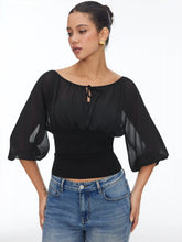 Textured Boat Neck Lantern Sleeve Ruched Bowknot Blouse