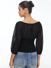 Textured Boat Neck Lantern Sleeve Ruched Bowknot Blouse