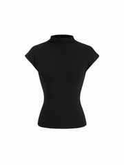 Cotton-blend Stand Collar Cap Sleeve Long Top