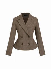 Wool-look Herringbone Notched Collar Double Breasted Peplum Hem Blazer