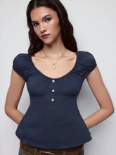 Cotton-blend Scoop Neckline Puff Sleeve Ruched Lace Trim Blouse