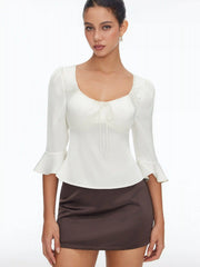 Satin Scoop Neck Ruffle Sleeve Drawstring Blouse
