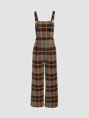 Tweed Plaid Button Up Wide Leg Jumpsuit